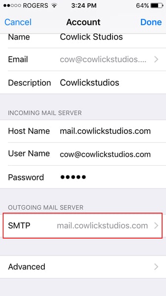 outgoing server settings email account setup for iPhone